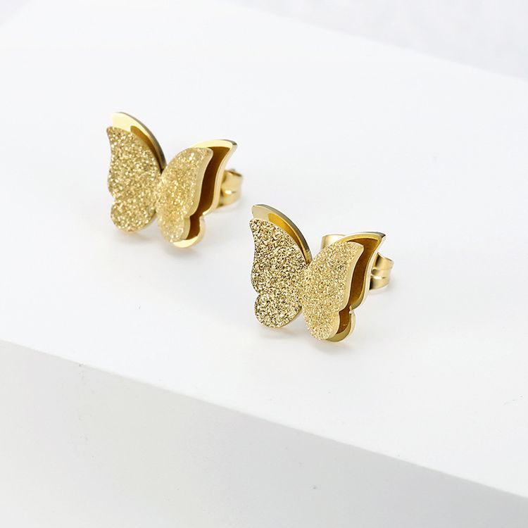 New Double Butterfly 18k Gold Plated Stainless Steel Women's Stud Earrings