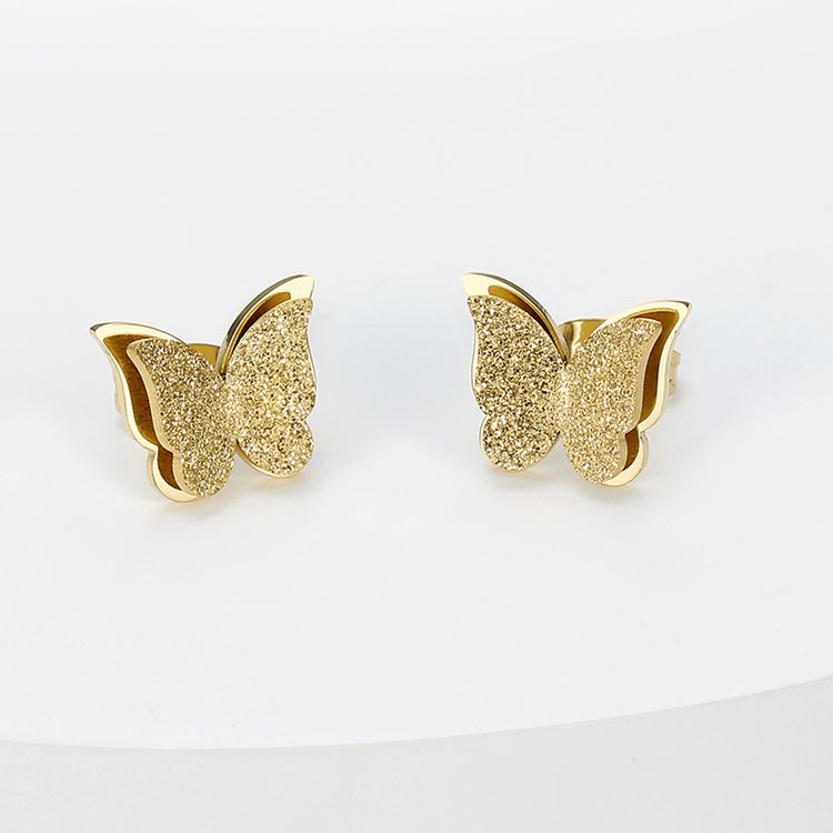 New Double Butterfly 18k Gold Plated Stainless Steel Women's Stud Earrings