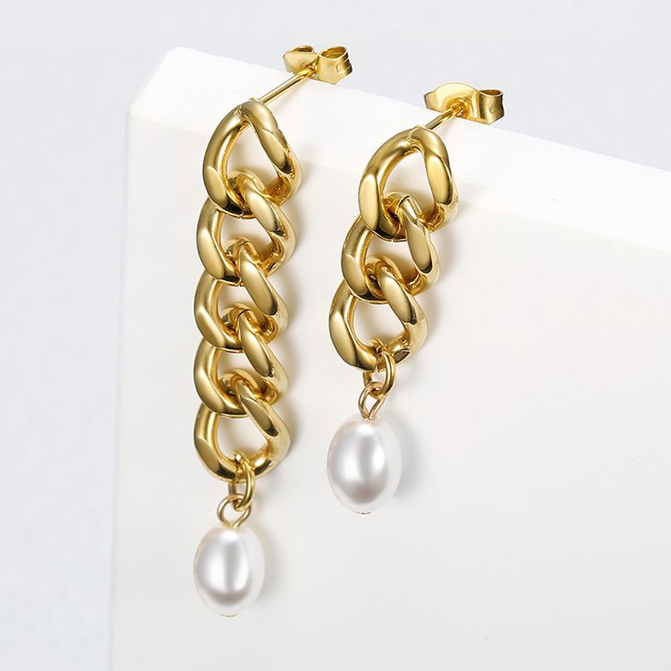 Hip-Hop Artificial Pearls 18k Gold Plated chain titanium steel women's earrings
