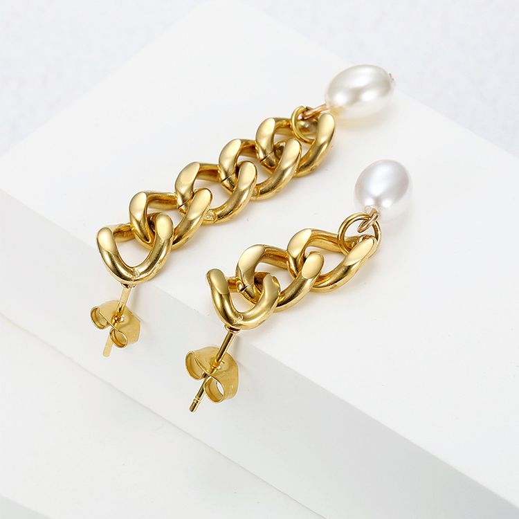 Hip-Hop Artificial Pearls 18k Gold Plated chain titanium steel women's earrings