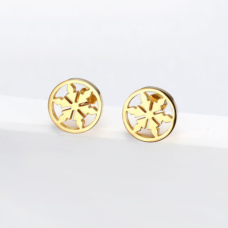 Vintage delicate hollow 18k gold plated snowflakes Titanium steel earrings for women