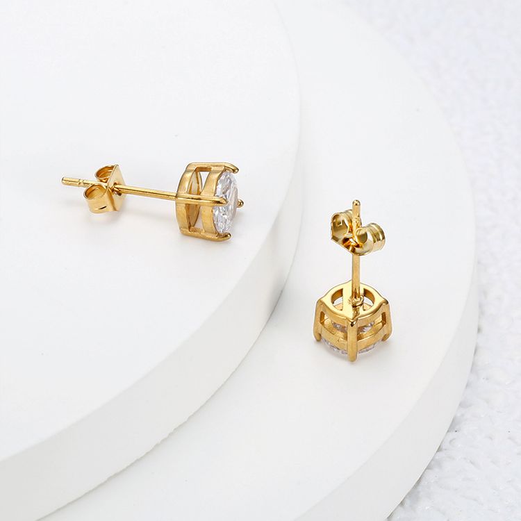 Women's 18k Gold Plated Zirconia Four Claw Steel Titanium Stud Earrings
