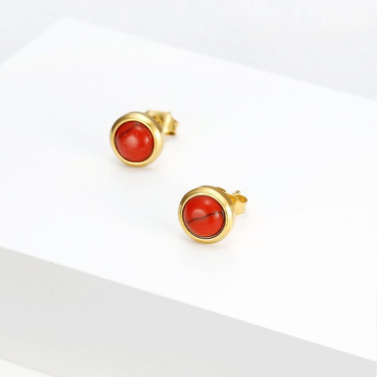 Vintage Inlaid Zirconia Earrings Titanium Round Onyx Red Bean Earrings
