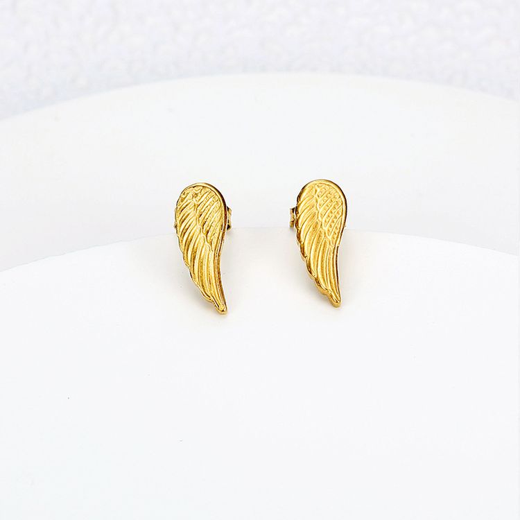 Titanium Steel Textured Angel Wings Fashion Gold Earrings Wholesale