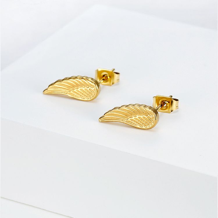 Titanium Steel Textured Angel Wings Fashion Gold Earrings Wholesale