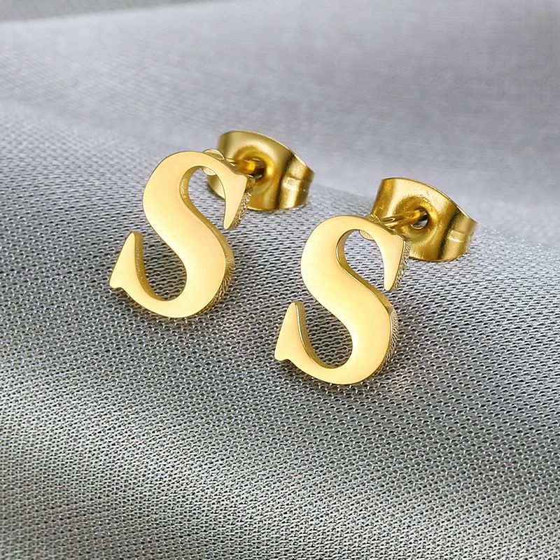 Trendy 18k Gold Plated Wholesale Letter S Women's Titanium Earrings | Wholesale Jewelry Only 0