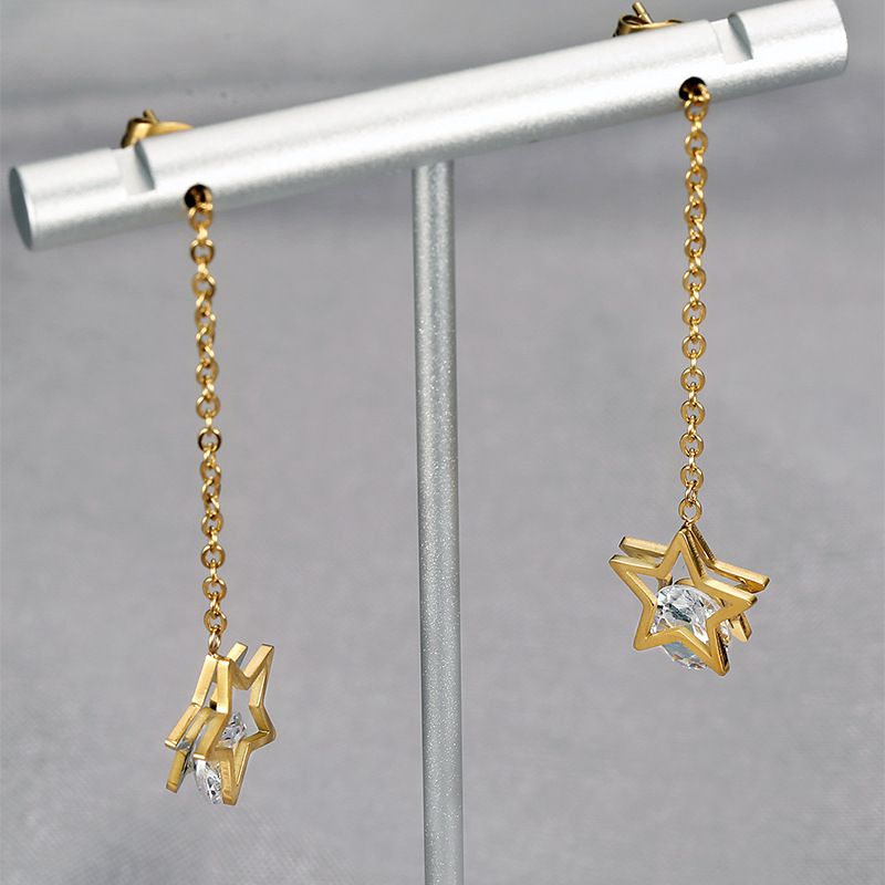 European Fashion Star Zirconia Tassel Women's Titanium Steel Earrings | Wholesale Jewelry Only 2