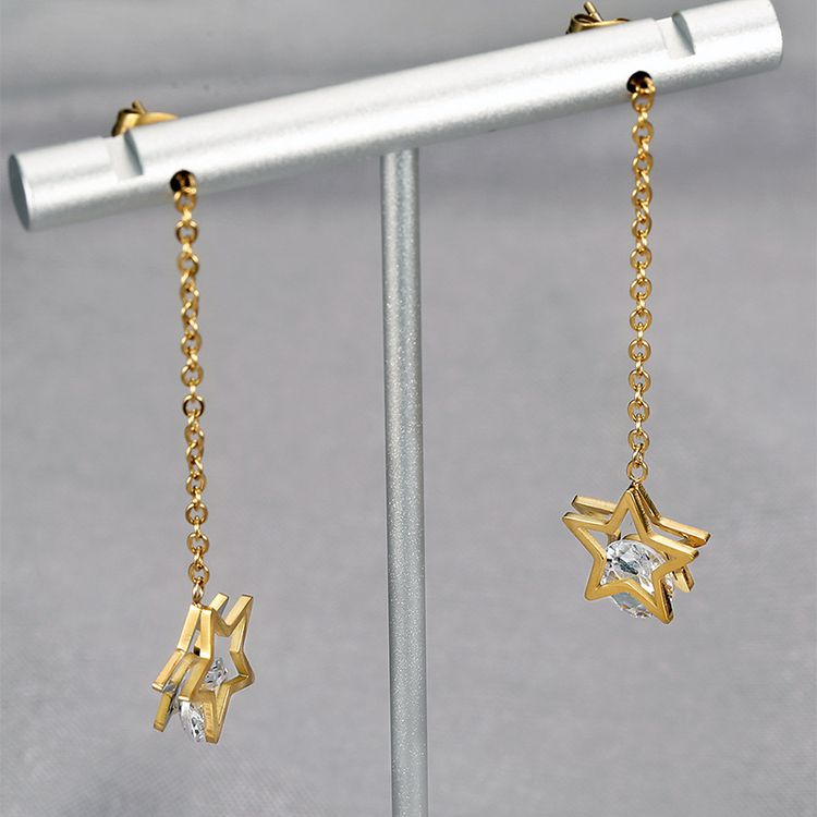 European Fashion Star Zirconia Tassel Women's Titanium Steel Earrings | Wholesale Jewelry Only 2