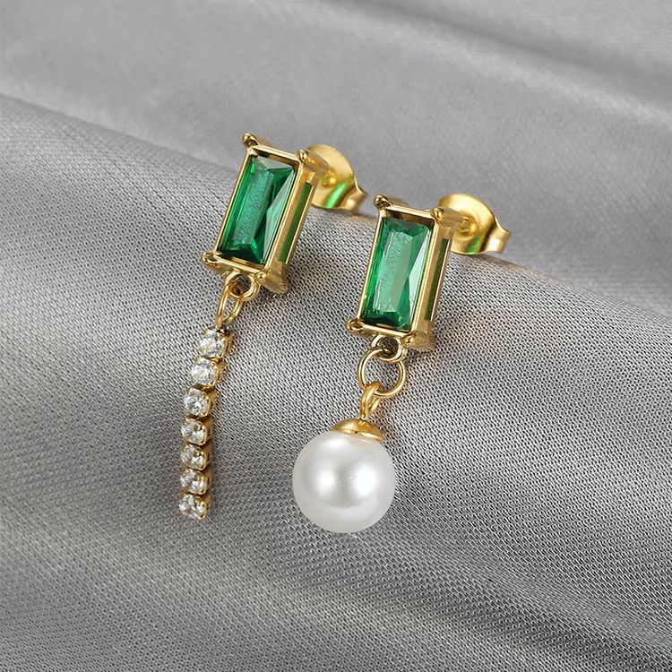European Style Green Zirconia Tassel Women's Stainless Steel Earrings
