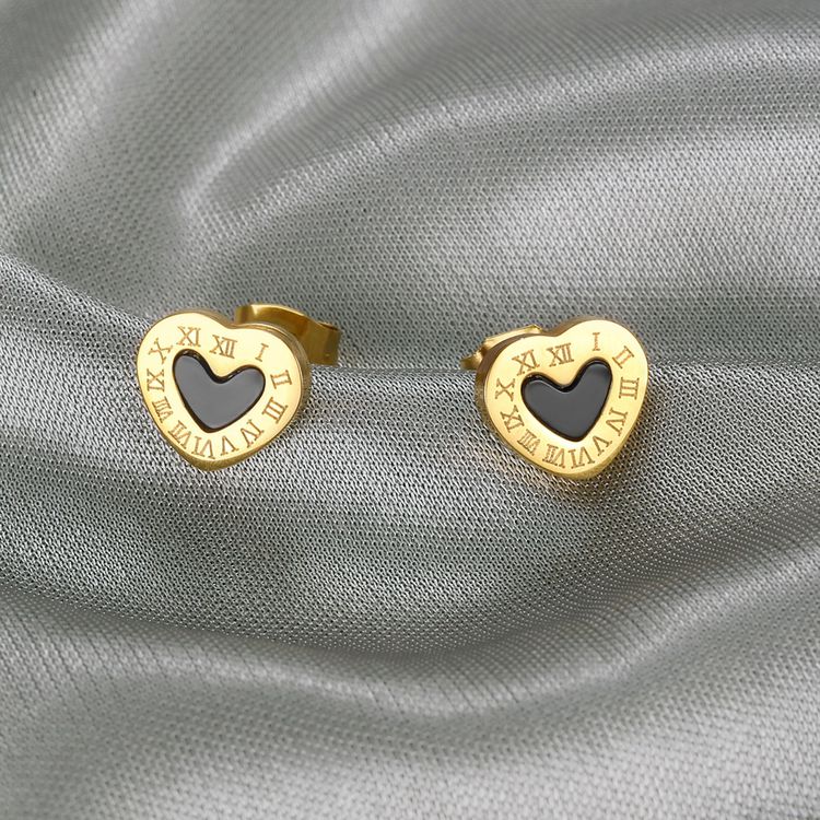 Stylish Titanium Roman Numeral Black Heart Stud Earrings