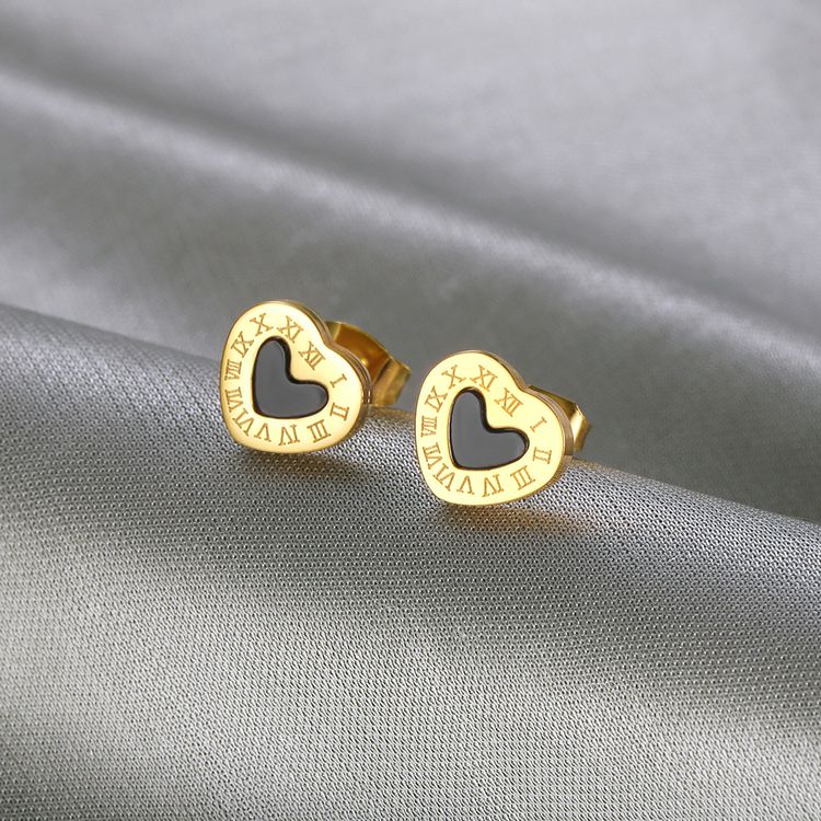 Stylish Titanium Roman Numeral Black Heart Stud Earrings
