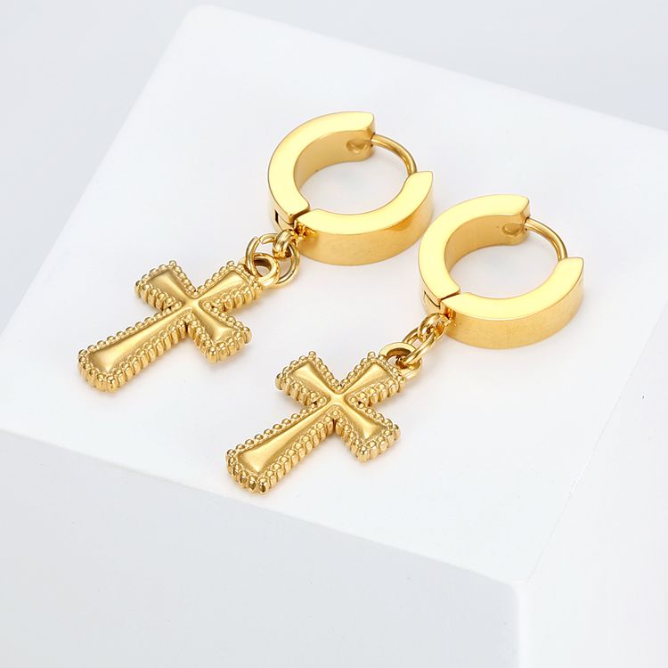 Hip Hop Fashion Cross Round 18k Gold Plated Titanium Clips Earring