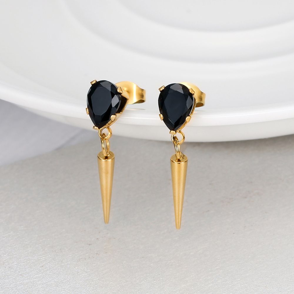 Creative Women's Titanium Steel Tapered Black Zirconia Drop Earrings Dark Hip Hop Style | Wholesale Jewelry Only 0