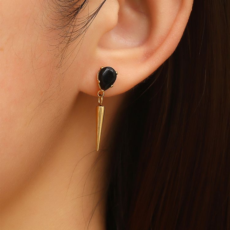 Creative Women's Titanium Steel Tapered Black Zirconia Drop Earrings Dark Hip Hop Style