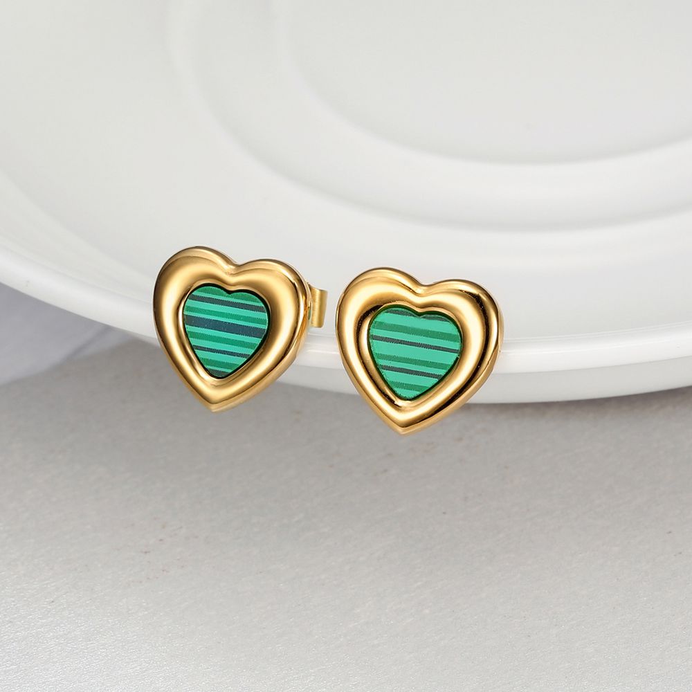 Women's titanium steel green malachite love heart earrings heart pattern | Wholesale Jewelry Only 0