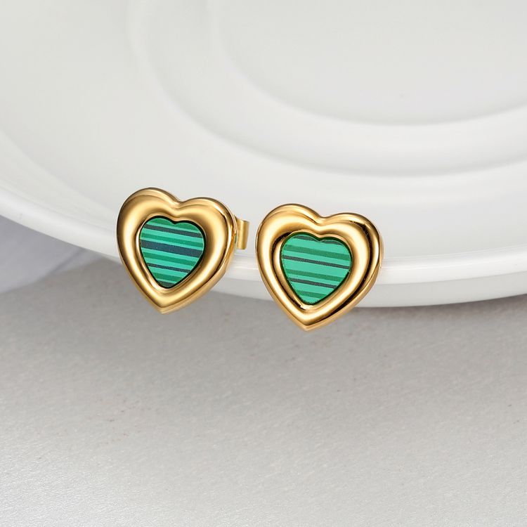 Women's titanium steel green malachite love heart earrings heart pattern