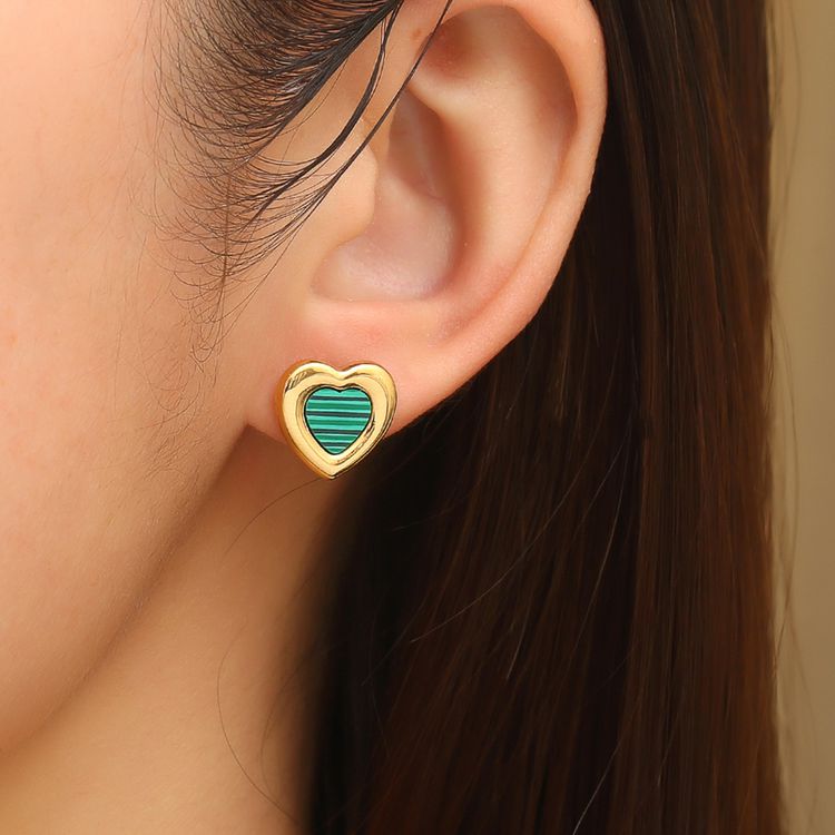 Women's titanium steel green malachite love heart earrings heart pattern