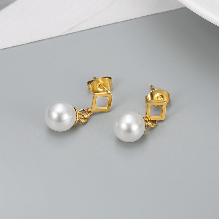 Square Artificial Pearl Dangle Stainless Steel 18k Gold Plated Earrings