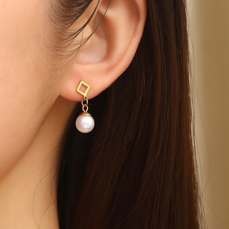 Square Artificial Pearl Dangle Stainless Steel 18k Gold Plated Earrings