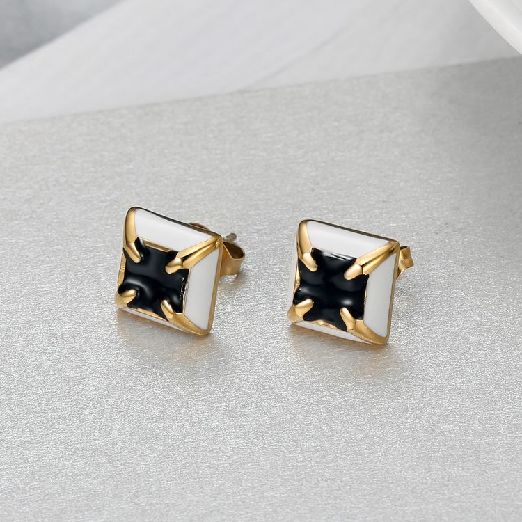 Black white color clash square fashion zirconia four claws titanium steel earrings