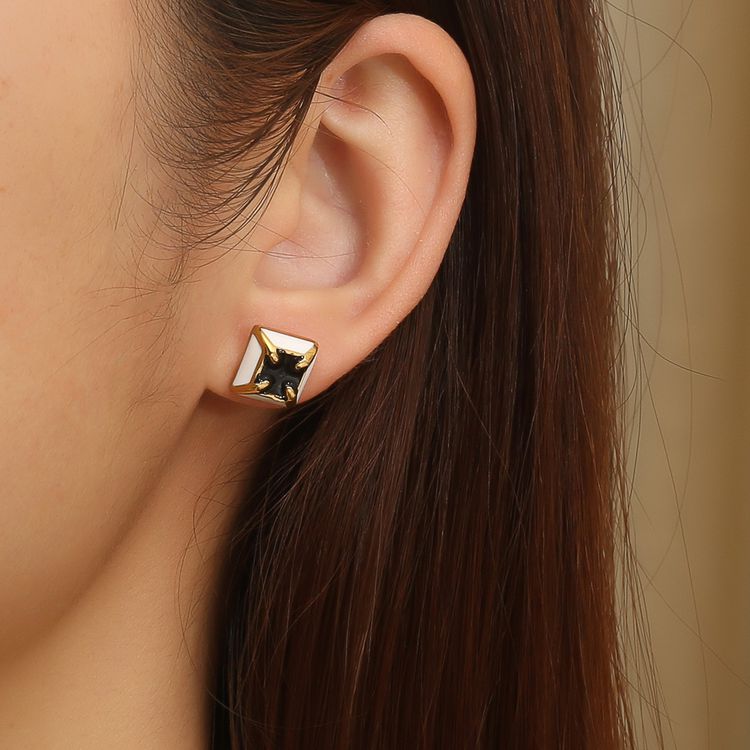 Black white color clash square fashion zirconia four claws titanium steel earrings