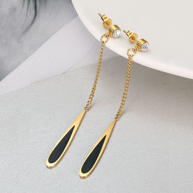 Fashion Titanium Steel Long Black Gold Drop Earrings with Zirconia