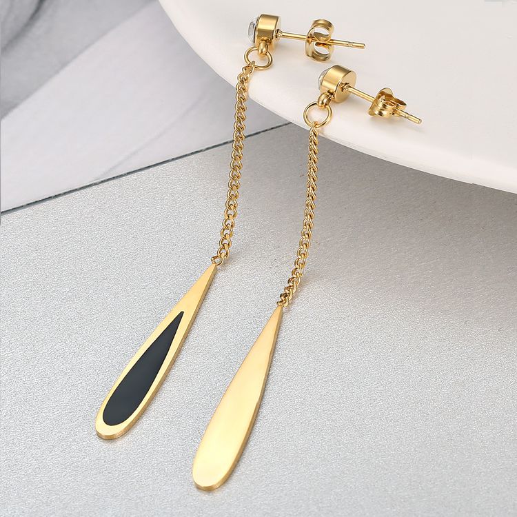 Fashion Titanium Steel Long Black Gold Drop Earrings with Zirconia