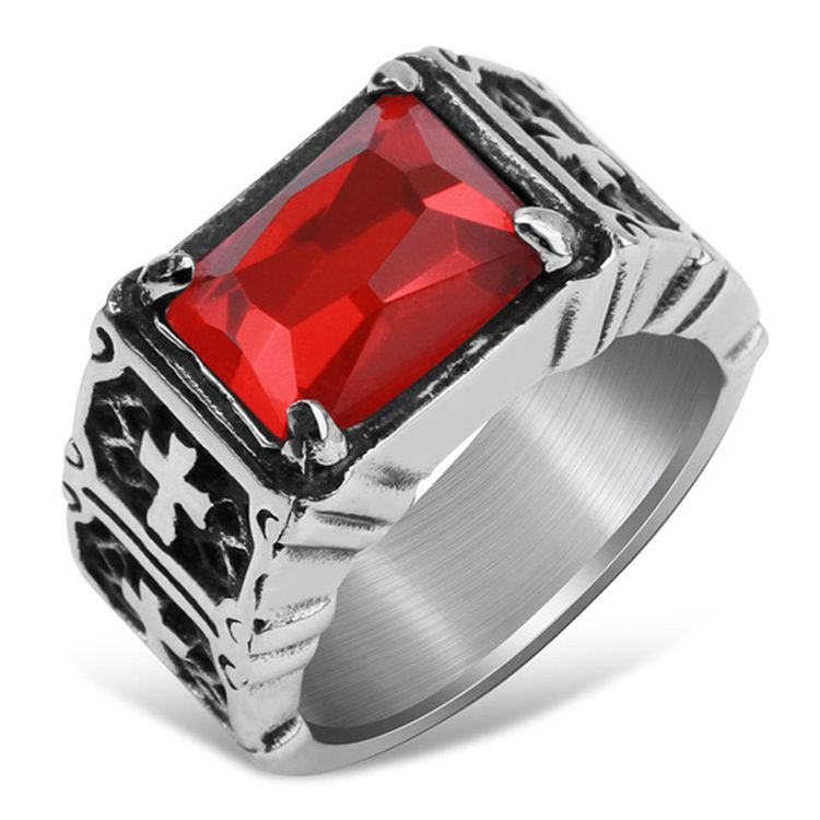 Titanium Steel Cross Ring Gothic Hipster with Ruby Glory Ring