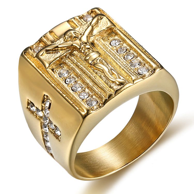 Punk Jesus Ring 18K Gold Plated with CZ Titanium Steel Ring