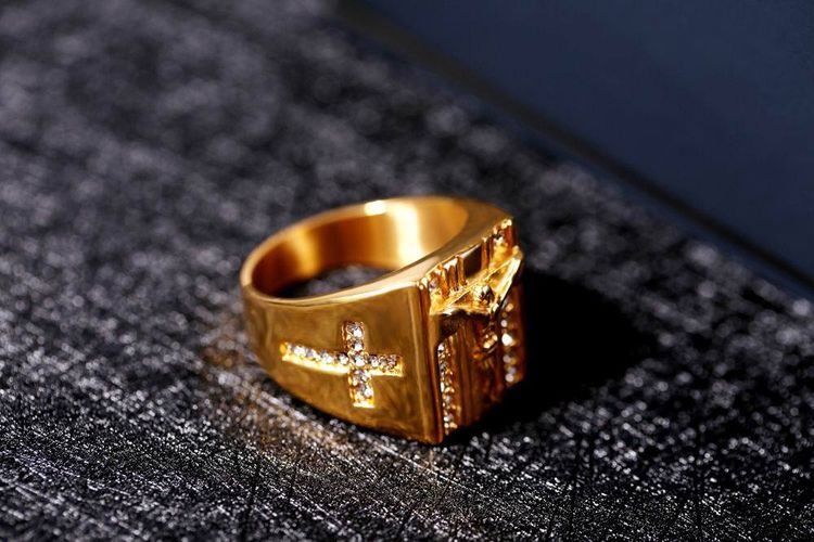 Punk Jesus Ring 18K Gold Plated with CZ Titanium Steel Ring