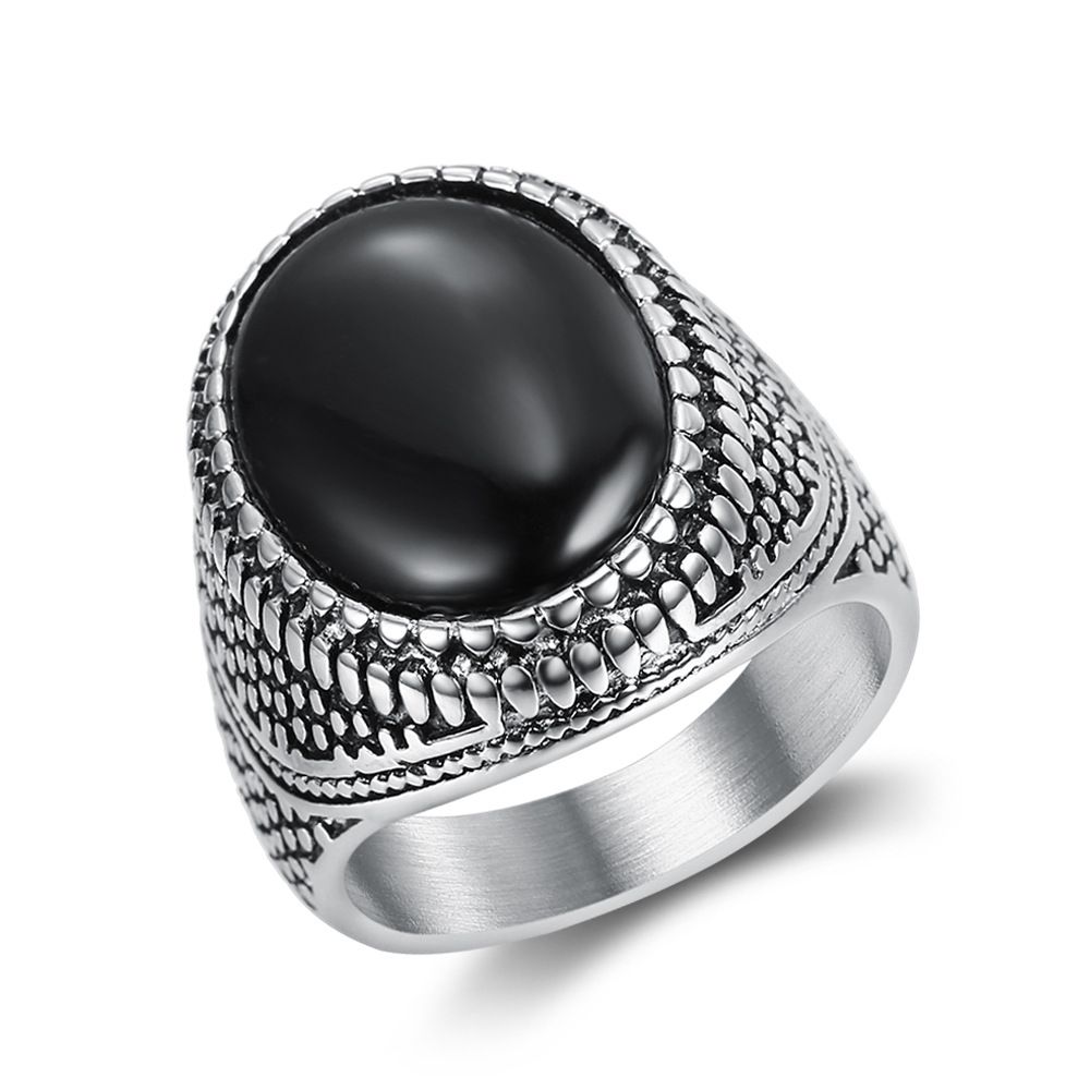 Hip Hop Punk Black Gemstone Vintage Men's Titanium Steel Ring | Wholesale Jewelry Only 0