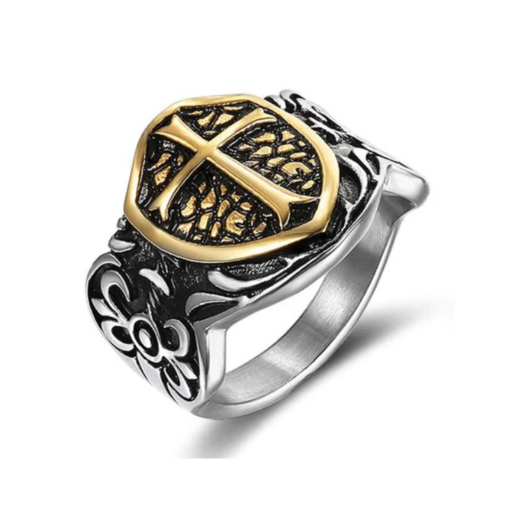 Vintage European cross shield stainless steel men's ring Wholesale