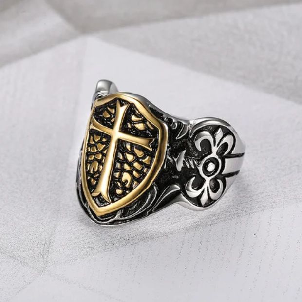 Vintage European cross shield stainless steel men's ring Wholesale