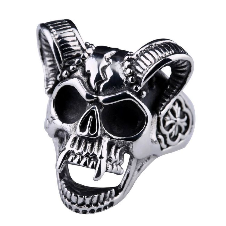 Retro Hip Hop Ram's Horn Titanium Bully Skull Men's Rings