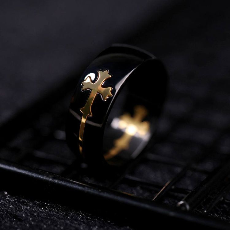 Removable Gold Cross Black Ring Men's Titanium Steel Ring