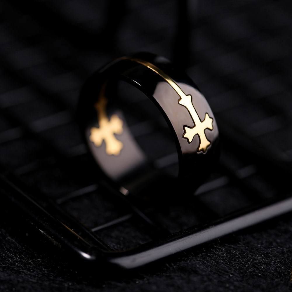 Removable Gold Cross Black Ring Men's Titanium Steel Ring | Wholesale Jewelry Only 4