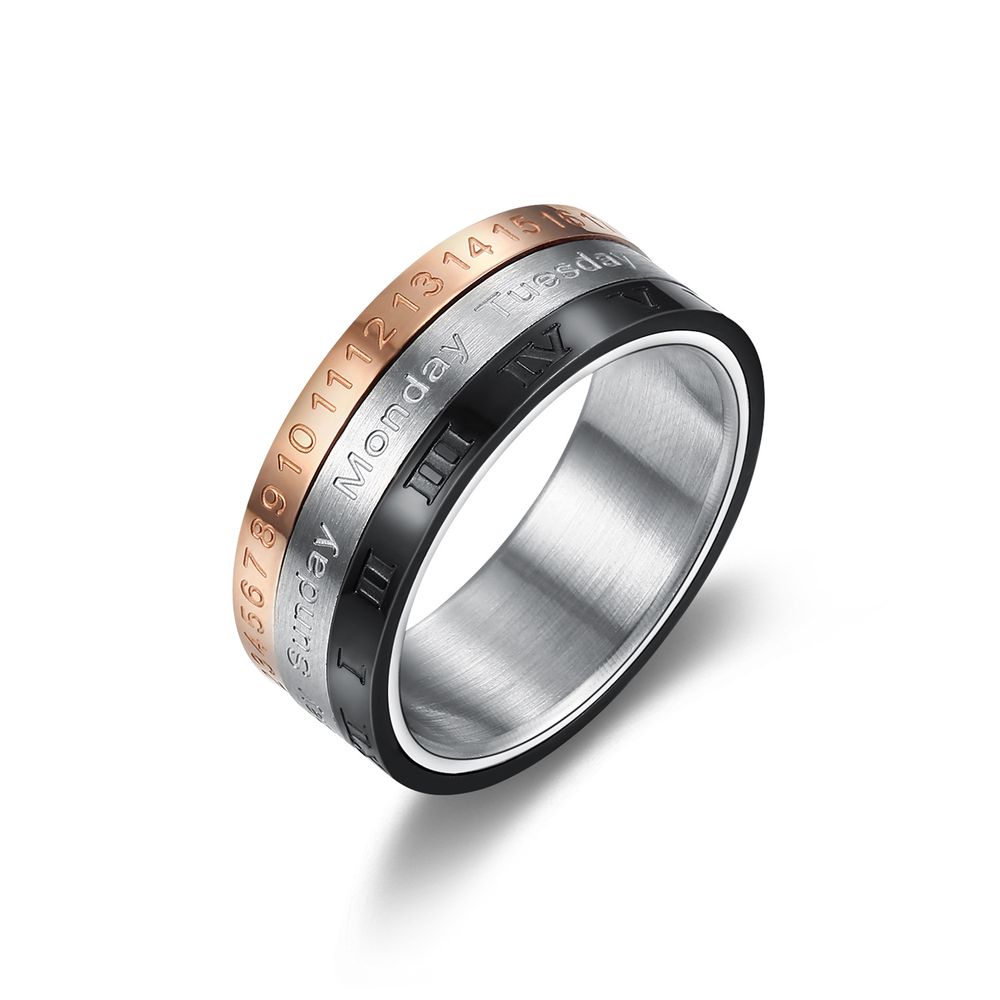 Tri-Color Calendar Ring Titanium Steel Roman Numerals Time Ring for Men | Wholesale Jewelry Only 0