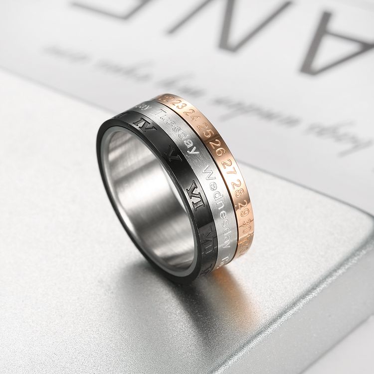 Tri-Color Calendar Ring Titanium Steel Roman Numerals Time Ring for Men