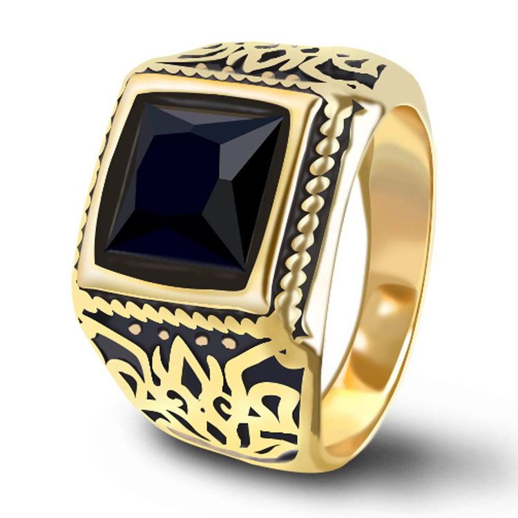 Noble Fashion Black Gemstone Men's Gold Titanium Steel Ring