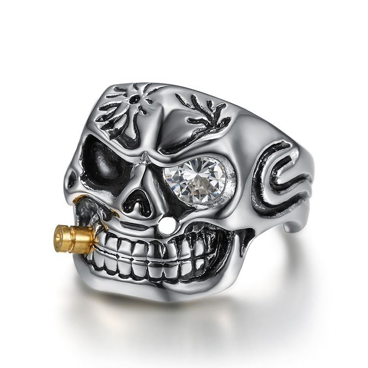 Vintage Pipe Skull Engraved Men's Titanium Ring
