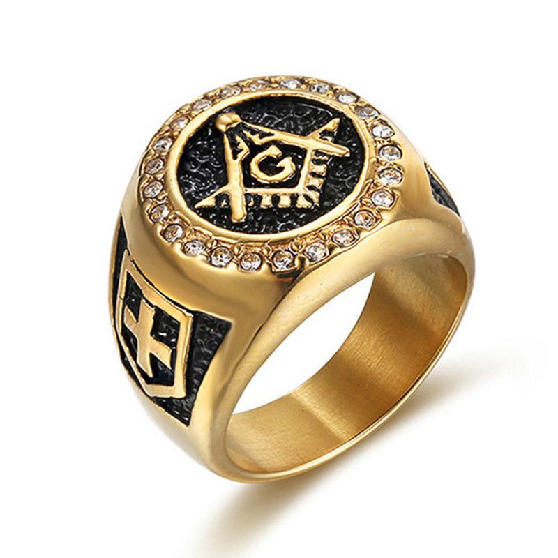 Vintage Titanium Stainless Steel Gold Rhinestone Cross Men's Ring | Wholesale Jewelry Only 0