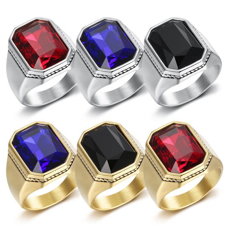 Fashion Polished Square Gemstones Men's Stainless Steel Ring