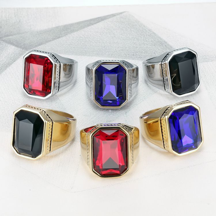 Fashion Polished Square Gemstones Men's Stainless Steel Ring