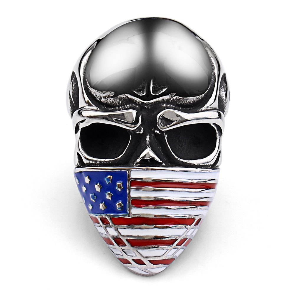 Cast Vintage American Flag Skull Titanium Men's Ring | Wholesale Jewelry Only 0