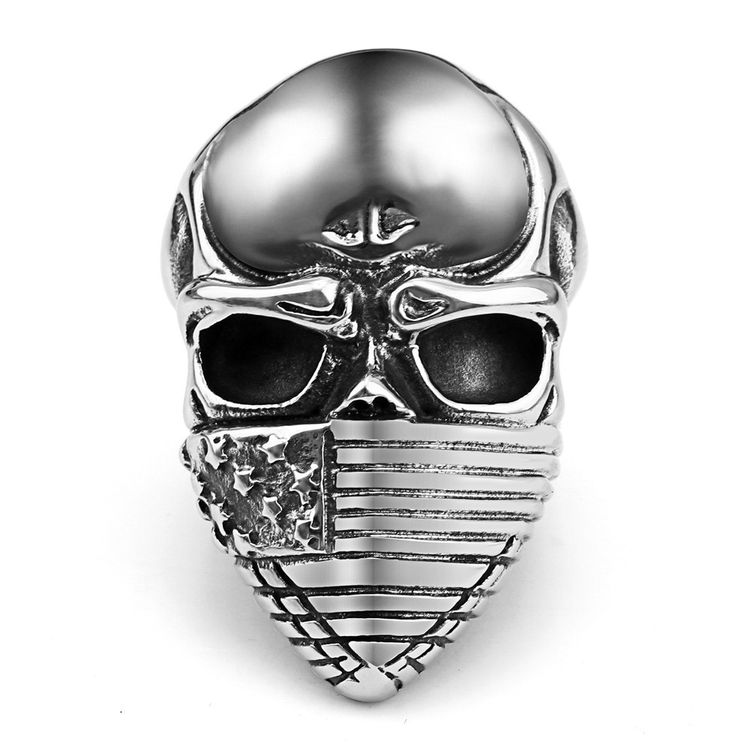 Cast Vintage American Flag Skull Titanium Men's Ring