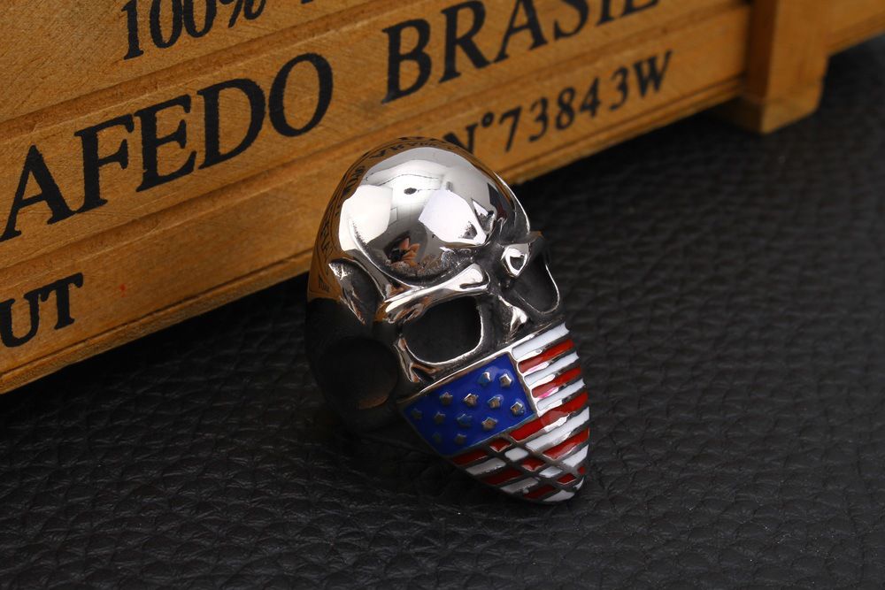 Cast Vintage American Flag Skull Titanium Men's Ring | Wholesale Jewelry Only 3