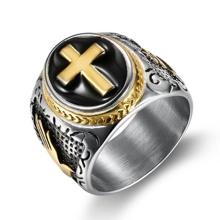 Punk Vintage Hand of God Cross Titanium Men's Ring