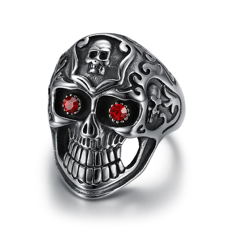 Vintage Red Eye Rhinestone Ghost Skull Rings Titanium Steel Men's Ring