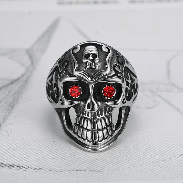 Vintage Red Eye Rhinestone Ghost Skull Rings Titanium Steel Men's Ring