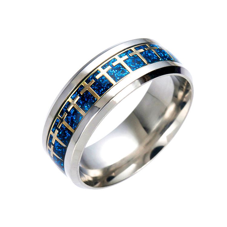Best Selling Titanium Stylish Stainless Steel Cross Blue Gold Ring